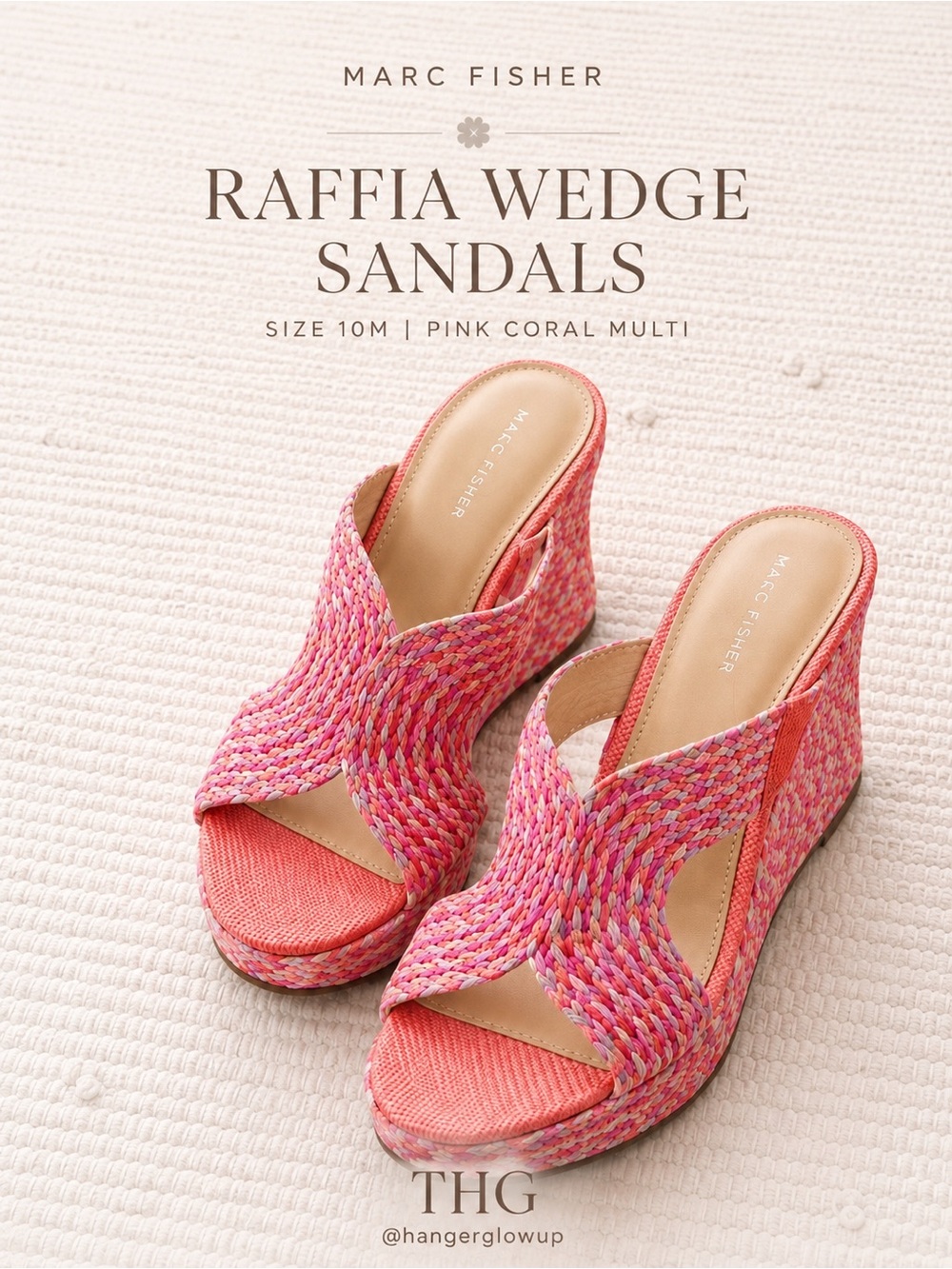 Marc Fisher Raffia Wedge Sandals Pink Coral Multi Size 10 Summer Resort